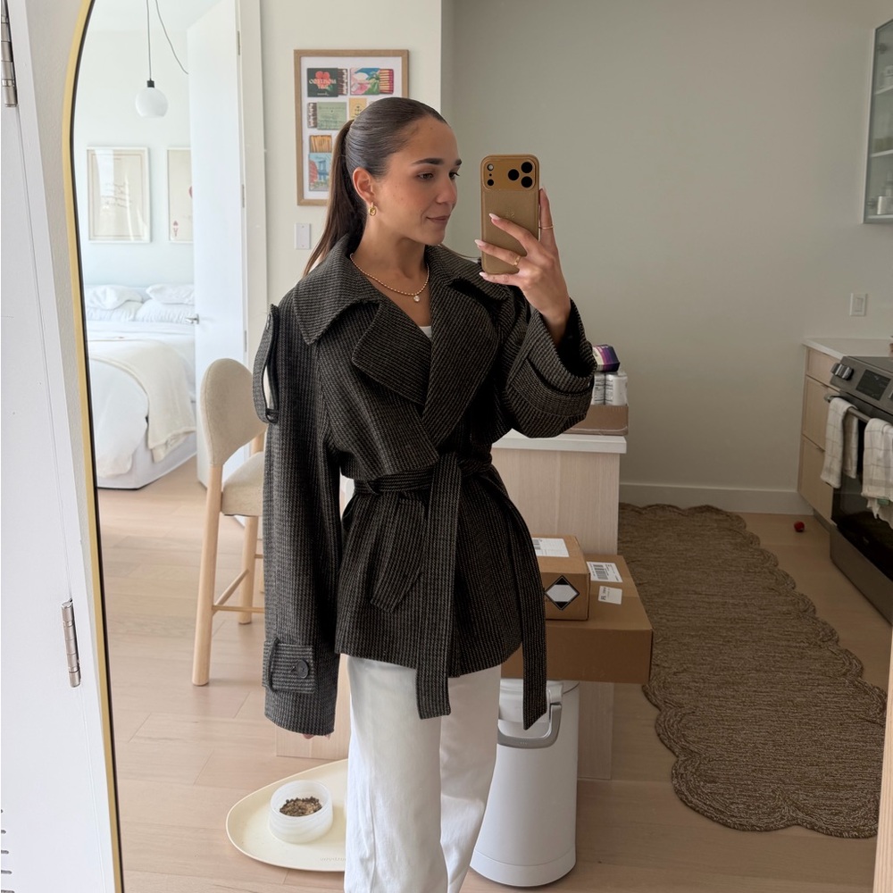 ASOS Design Belted Wool Blend Jacket | Brown Herringbone | Size XS